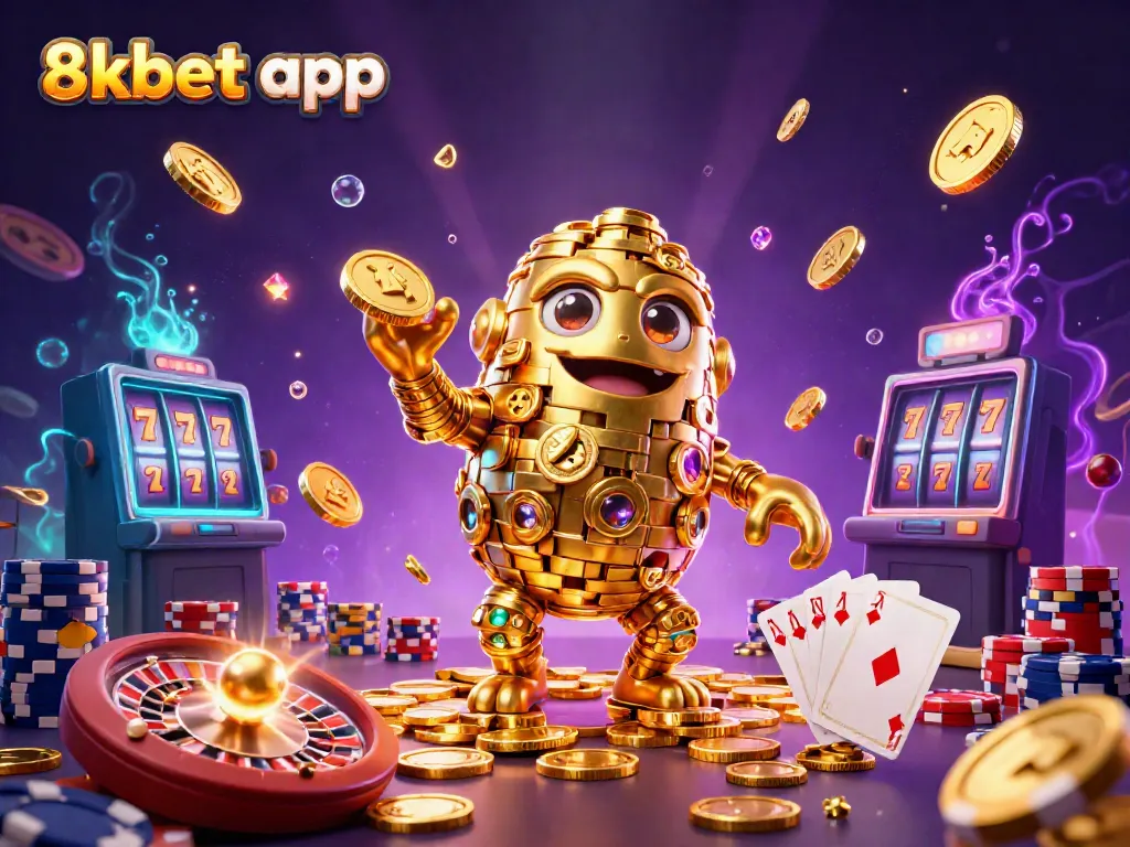Experience the excitement of 8xbet app with a vibrant 3D illustration of a golden golem and casino elements.