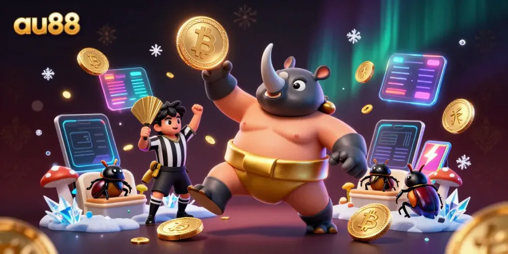 Engage in thrilling games at au88 with a vibrant 3D illustration showcasing a lively casino scene.