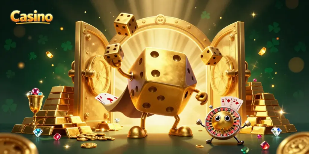 Engage in thrilling Casino gaming with dynamic scenes of gold treasures and playful characters.