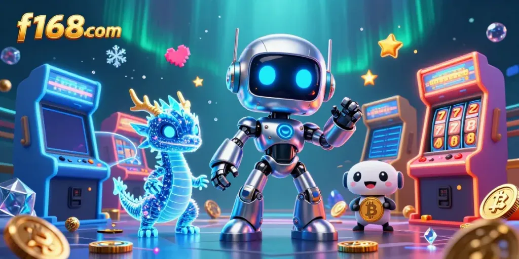Experience f168com's vibrant gaming world with a cyberpunk robot and AI dragon in a dynamic casino scene.