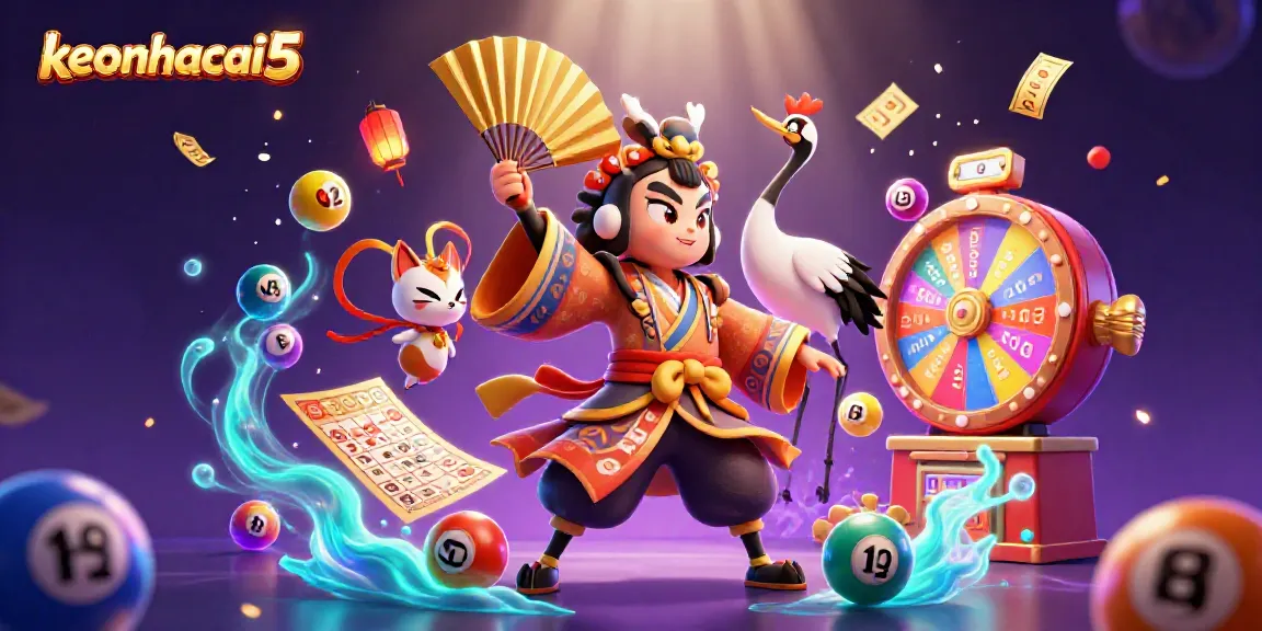 Experience the excitement of keonhacai5 with a vibrant 3D illustration of traditional Asian gaming elements.