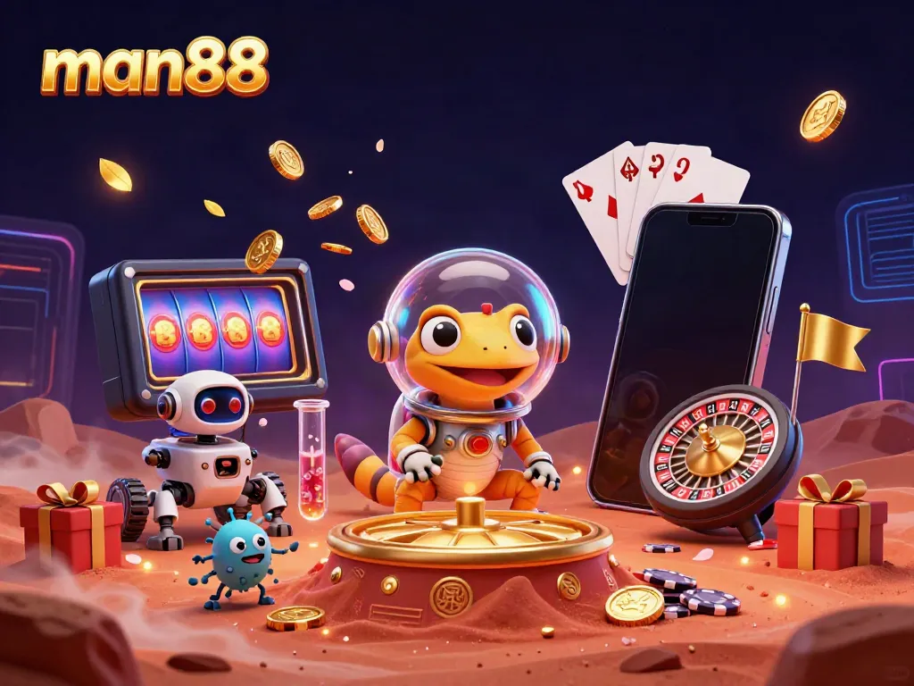 Experience the thrill of man88, featuring a Martian gecko exploring a golden casino with vibrant gambling elements.