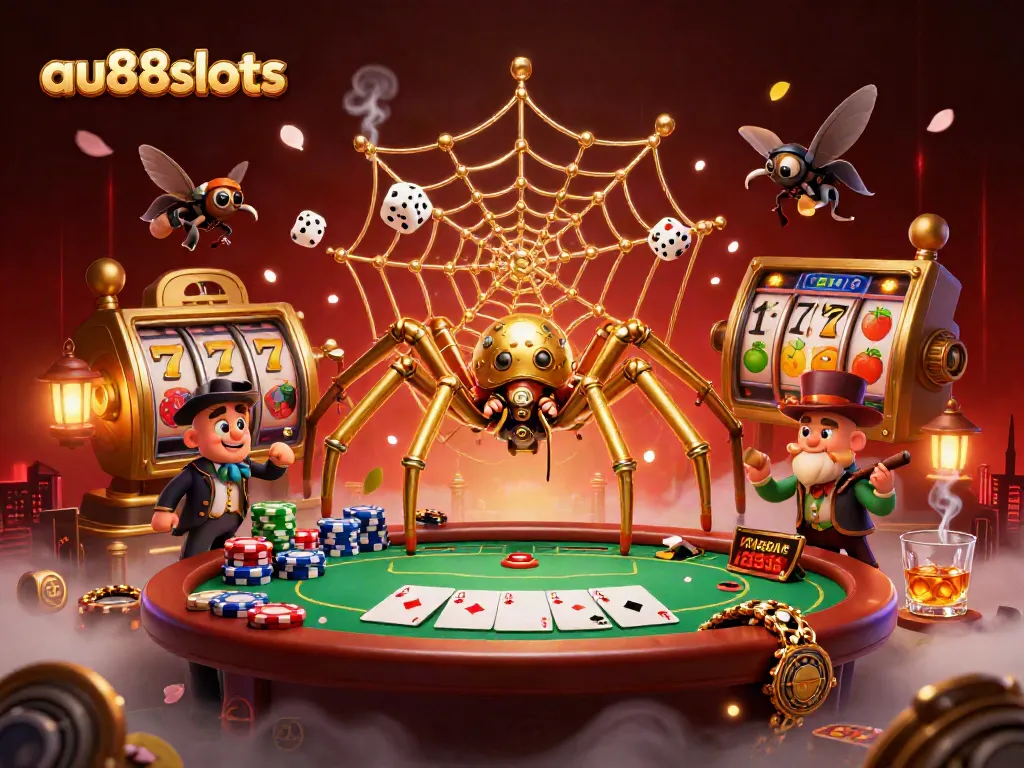 Experience the thrilling ambiance of au88slots with a captivating steampunk casino scene featuring vibrant games and dynamic character interactions.
