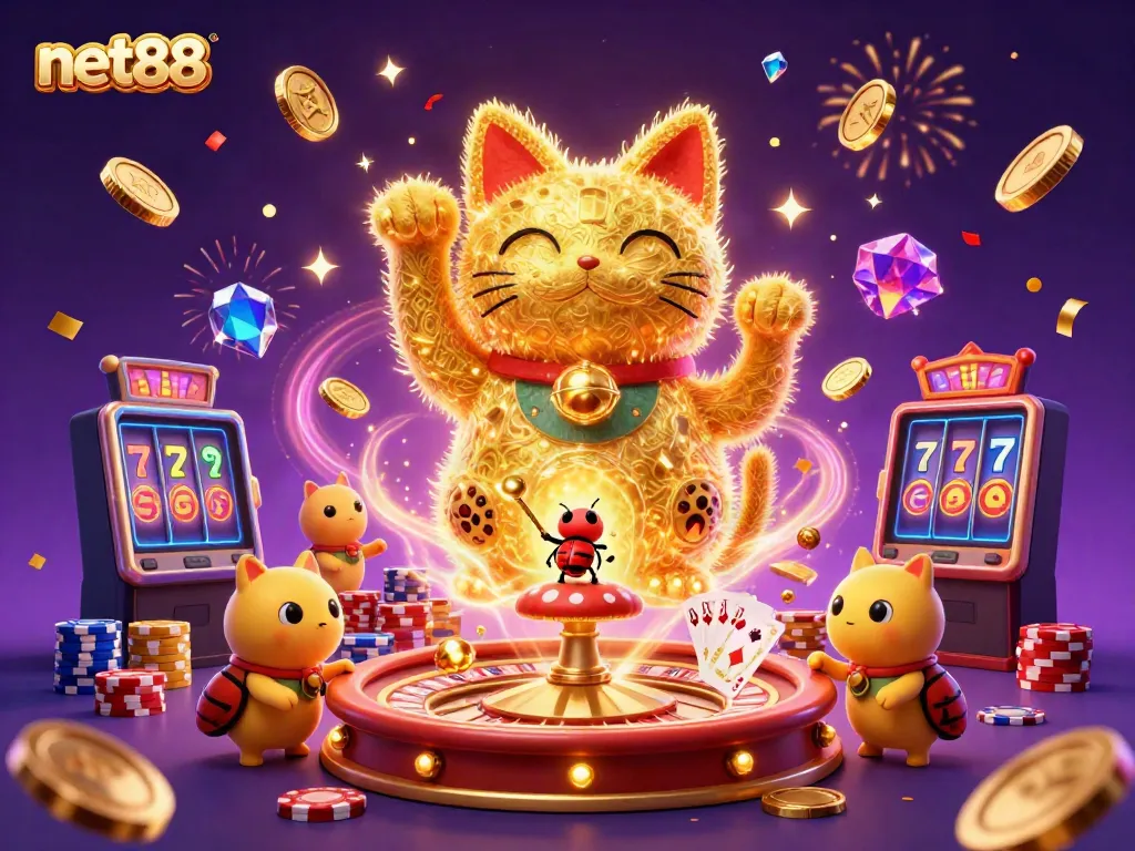 Experience the enchanting world of net88 with a lucky cat made of golden fireflies, surrounded by casino treasures.