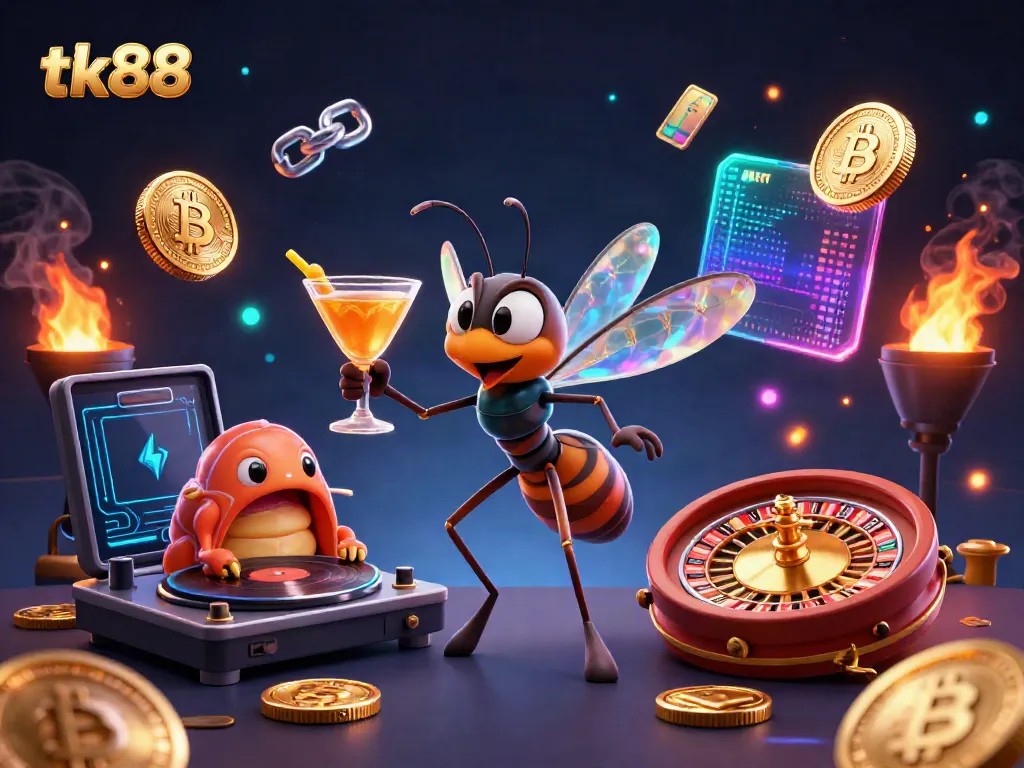 Experience exciting gameplay with tk88 while a mosquito mascot and trilobite DJ entertain at a vibrant casino.