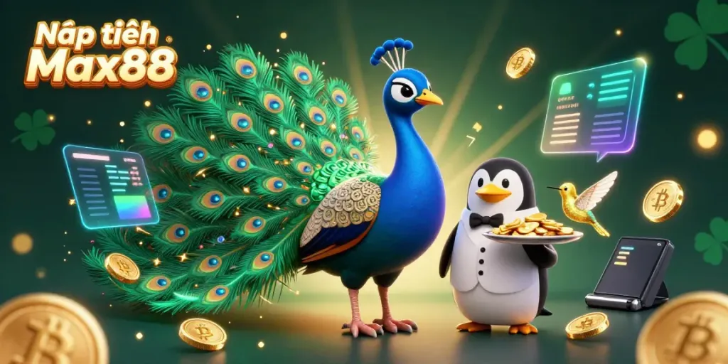 Engage with Nạp tiền Max88 through colorful 3D casino characters and crypto elements.