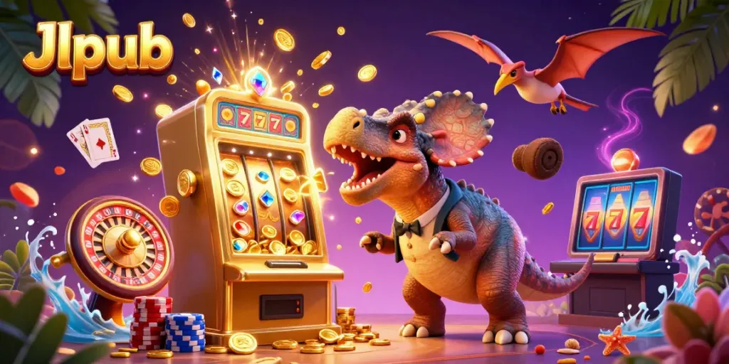 Experience thrilling gaming at Jlpub with a cartoon scene of prehistoric characters triggering jackpots!