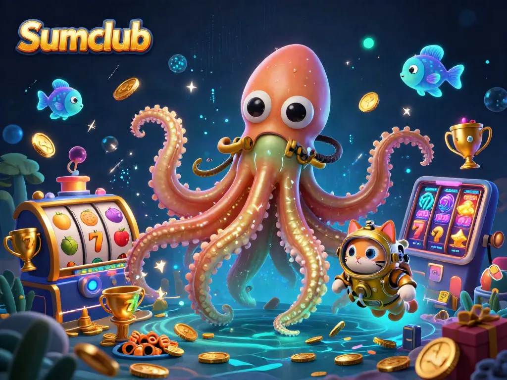 Engage with Sumclub's thrilling jackpots featuring a golden kraken and diving cat in a casino adventure.