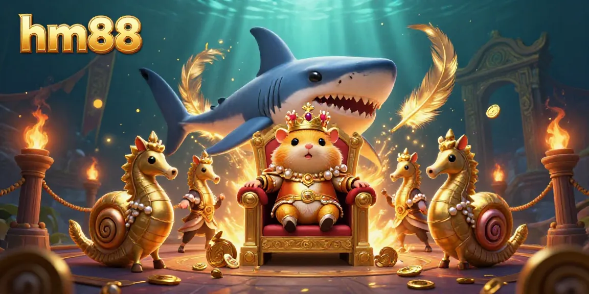 Engage in thrilling experiences at hm88's underwater casino realm featuring a golden hamster king and seahorse guards.