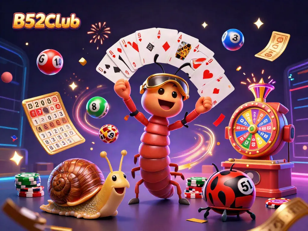 B52CLub engages players with a vibrant 3D lively casino scene featuring dynamic characters and festive elements.