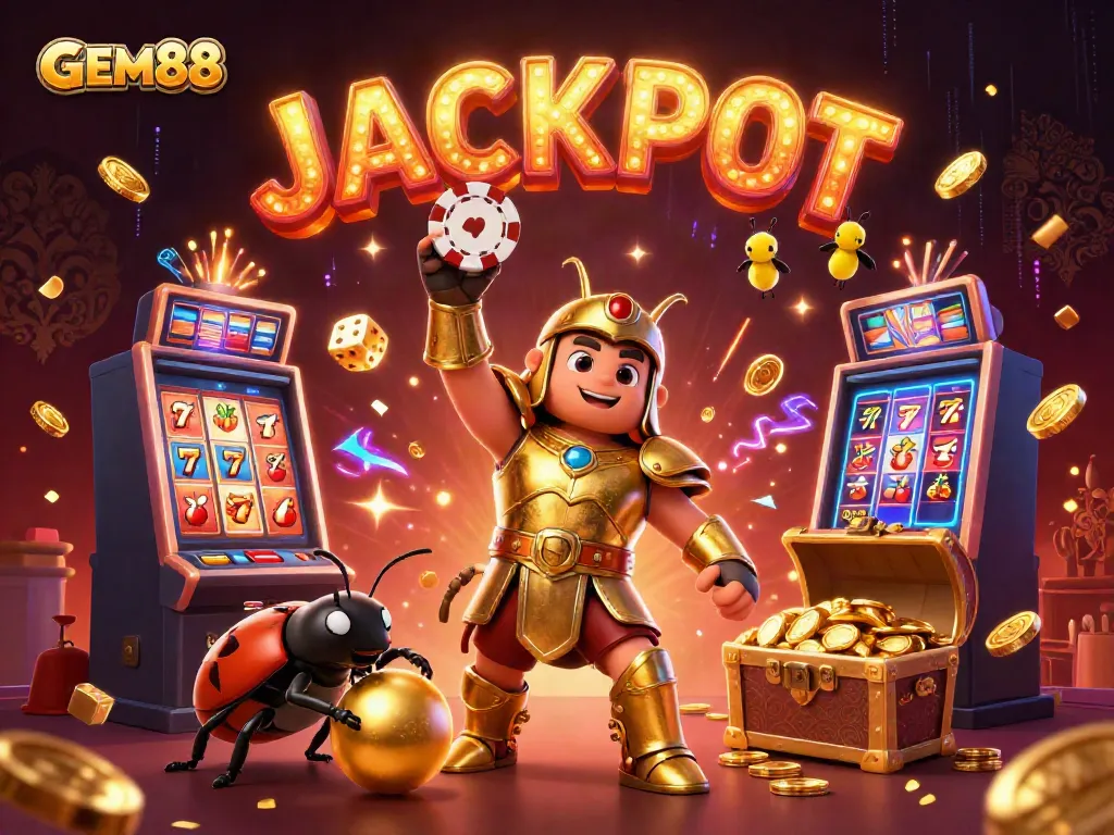 Engage with GEM88's thrilling atmosphere featuring dynamic 3D gaming characters amidst a spectacular jackpot explosion.