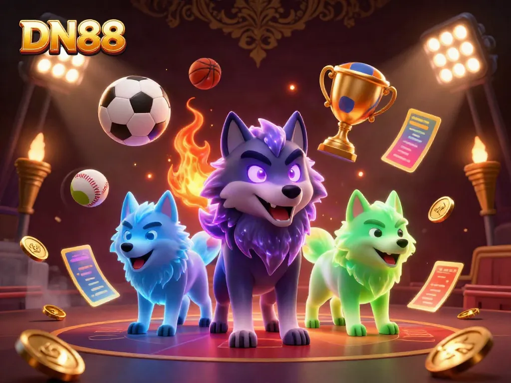 Experience the thrill of DN88 gaming with vibrant 3D wolf characters and dynamic sports elements.