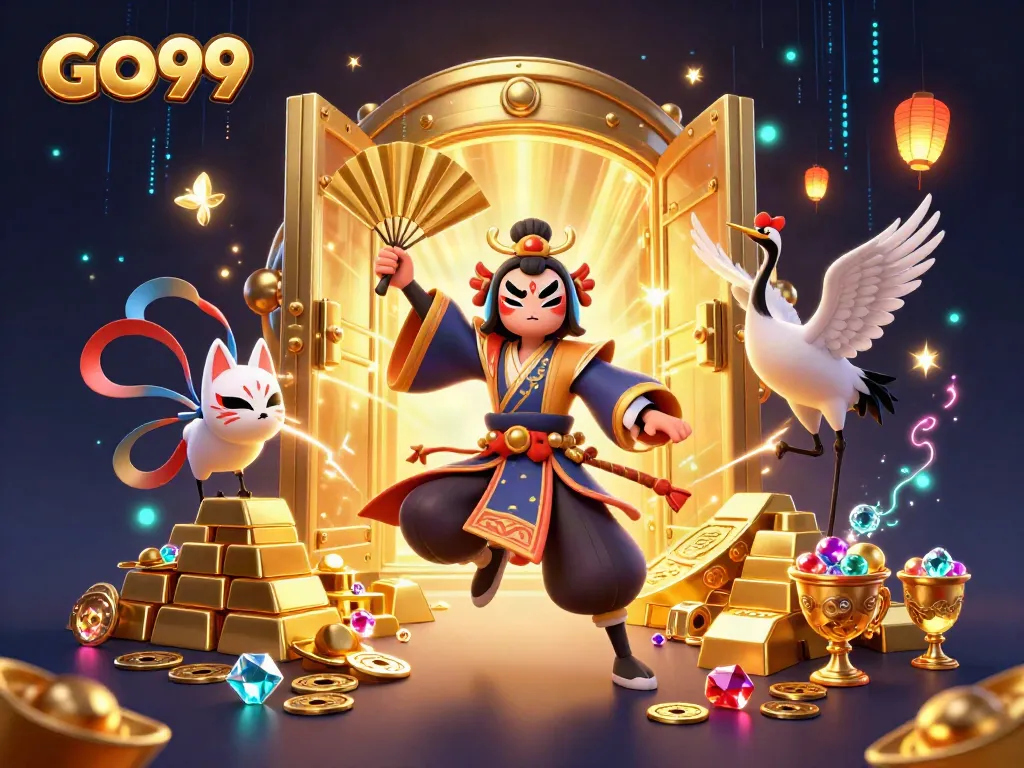 Play exciting games at GO99 with kabuki warrior and kitsune companion in vibrant casino scene.