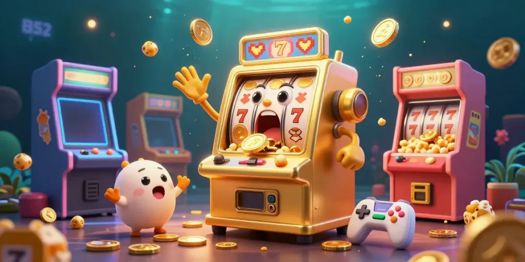 B52 slot machine jubilantly celebrating a jackpot amidst a vibrant casino scene.