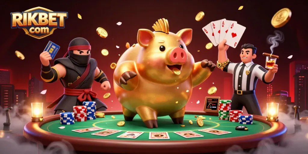 Engage in dynamic gameplay with RIKBET com's colorful casino scene featuring a piggy bank sumo wrestler, coins, and poker action.
