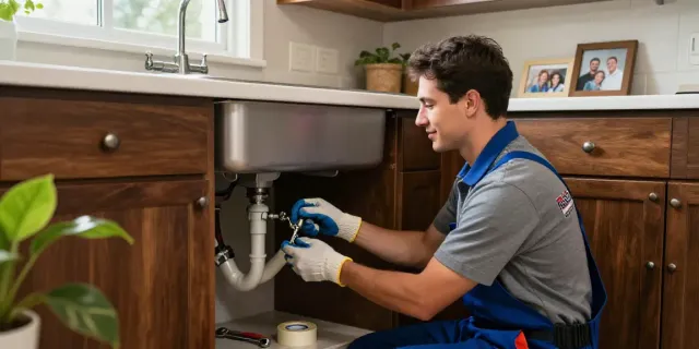 Professional emergency plumber Rapid City fixing a leaky kitchen pipe