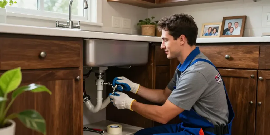 Professional emergency plumber Rapid City fixing a leaky kitchen pipe
