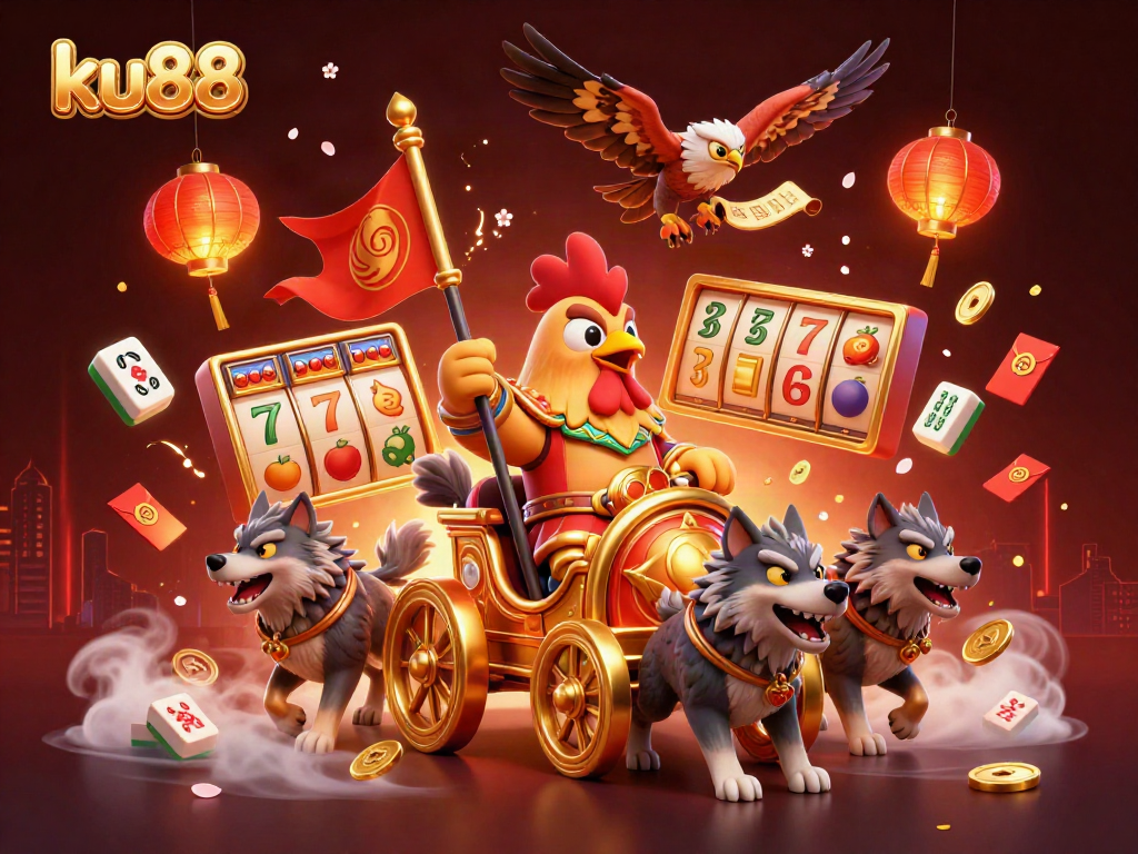 Experience the thrill of betting with ku88, featuring a dynamic 3D scene of a rooster warlord and casino elements.