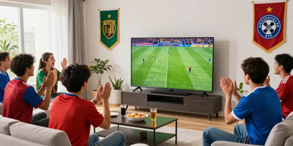 Fans enjoying a GavangTV live soccer match at home, vibrant atmosphere with snacks and cheering.