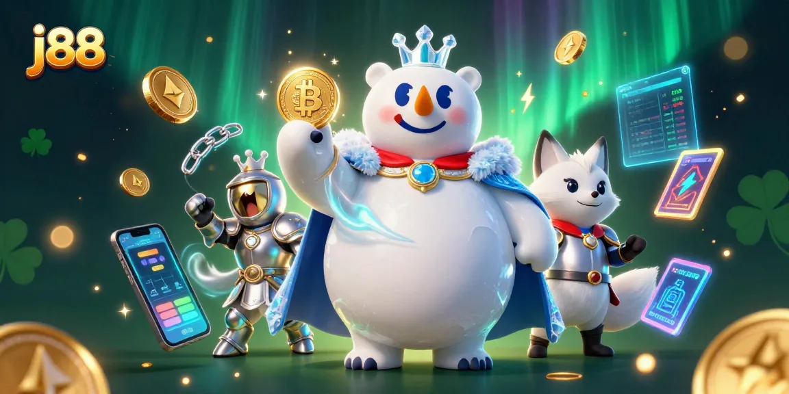 Experience thrilling j88 gameplay with the vibrant 3D scene featuring an ice king and snow fox amidst Bitcoin and Ethereum elements.