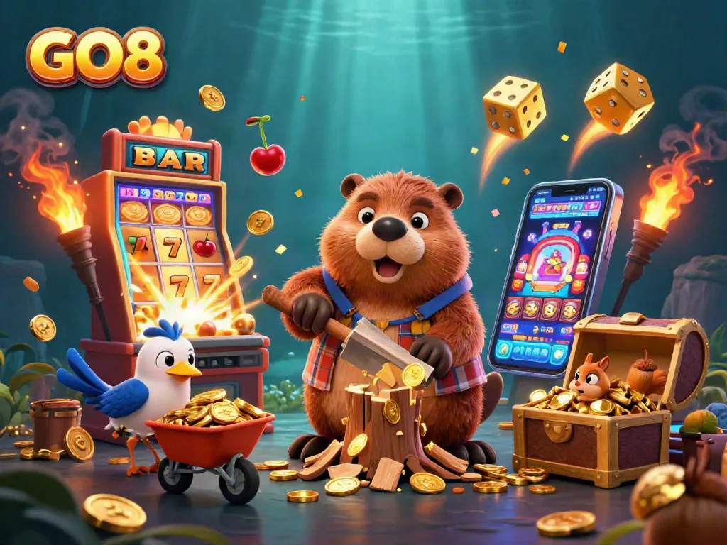Engage in exciting GO8 casino adventures with a dynamic scene of characters collecting winnings and jackpot symbols.