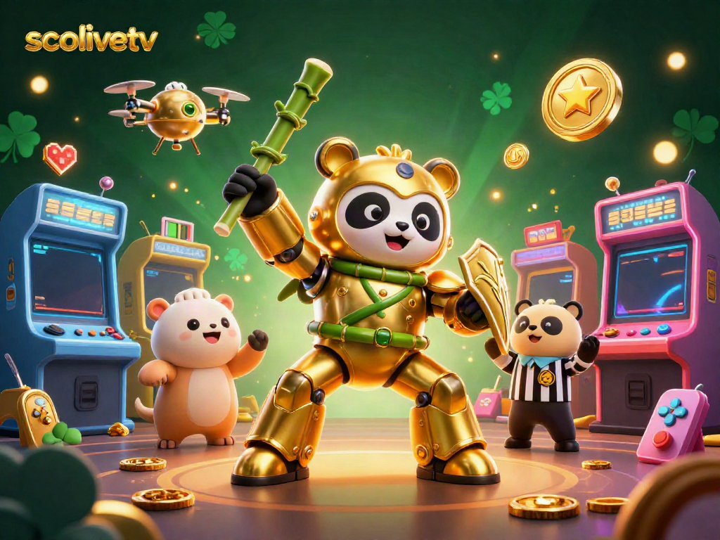Socolivetv presents an electrifying scene of a mech-suit panda battling in a dynamic arena filled with vibrant arcade elements.