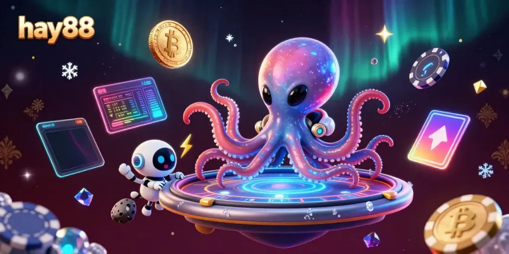 Experience excitement with hay88's alien octopus dealer at a futuristic holographic poker table.