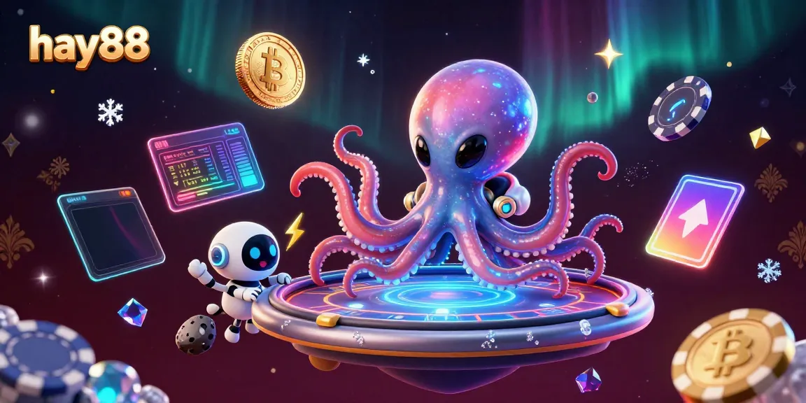 Experience excitement with hay88's alien octopus dealer at a futuristic holographic poker table.