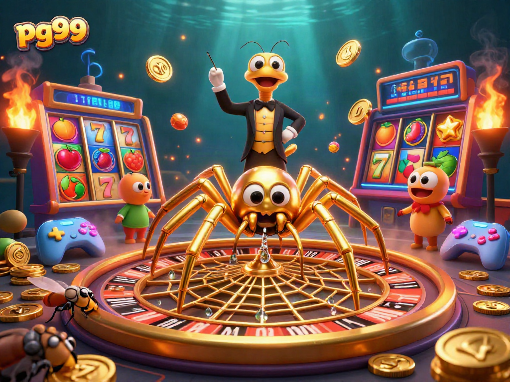 Engage in thrilling bets with pg99's vibrant 3D casino scene featuring a roulette web and animated characters.