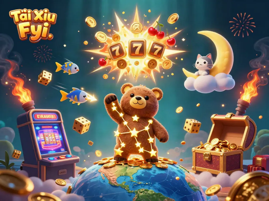 Tài Xỉu Fyi showcases engaging gaming elements with a cosmic twist, featuring a constellation bear and dazzling casino symbols.