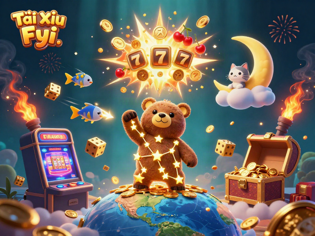 Tài Xỉu Fyi showcases engaging gaming elements with a cosmic twist, featuring a constellation bear and dazzling casino symbols.