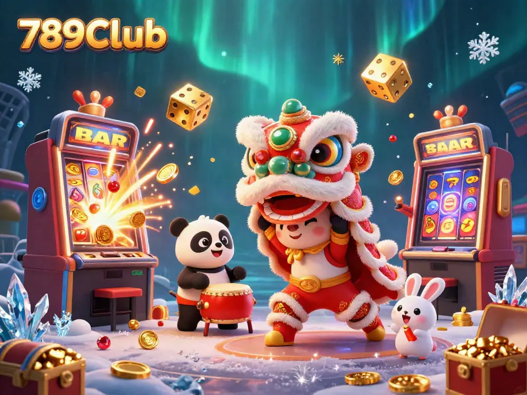 Experience the excitement of 789CLub with a dynamic 3D illustration of a lion dance and casino themes.
