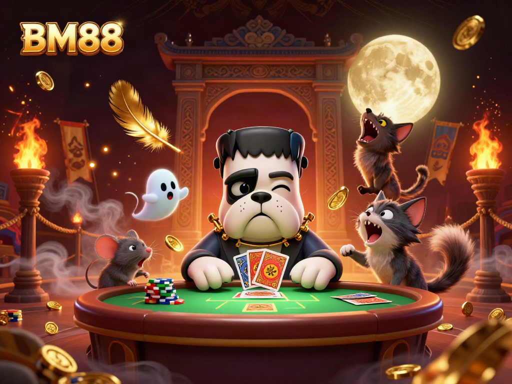 BM88 promotes engaging card games featuring a Frankenstein bulldog dealer and mystical elements at a vibrant table.