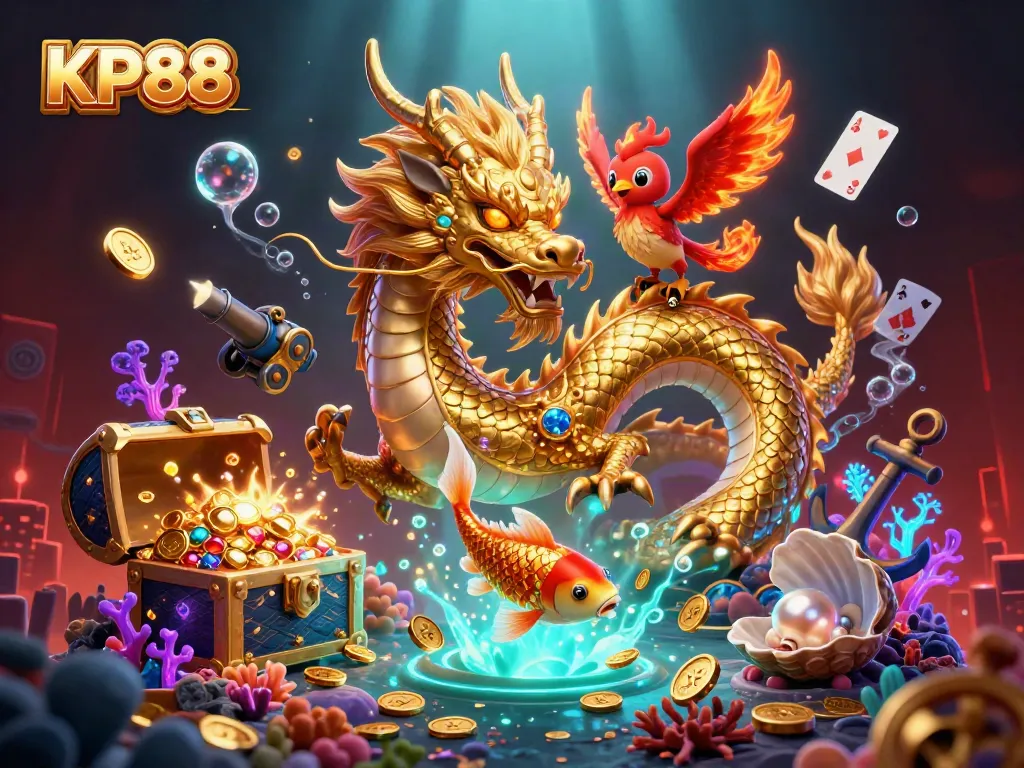 Experience the excitement of KP88 with a golden dragon and colorful casino elements in dynamic action.