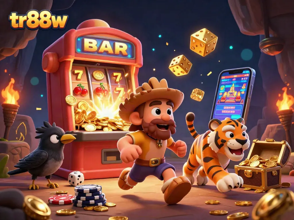 tr88w showcases a vibrant prehistoric casino scene with cartoon characters and dynamic gambling elements.
