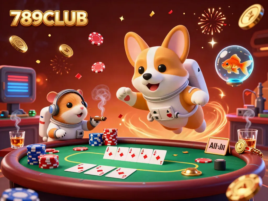 Experience the thrill of gaming at 789CLUB with a bustling space station casino scene featuring an astronaut corgi and rich poker elements.