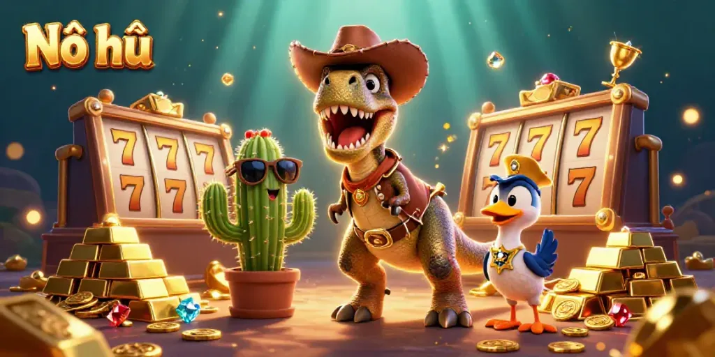 Experience Nổ hũ with a T-Rex cowboy in a lively slot-themed adventure surrounded by treasures.