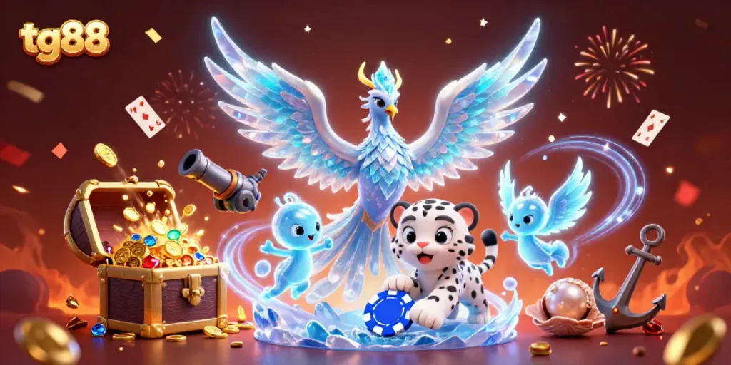 Engage with tg88's vibrant casino scene featuring an ice phoenix, playful snow leopard cub, and sparkling gaming elements.