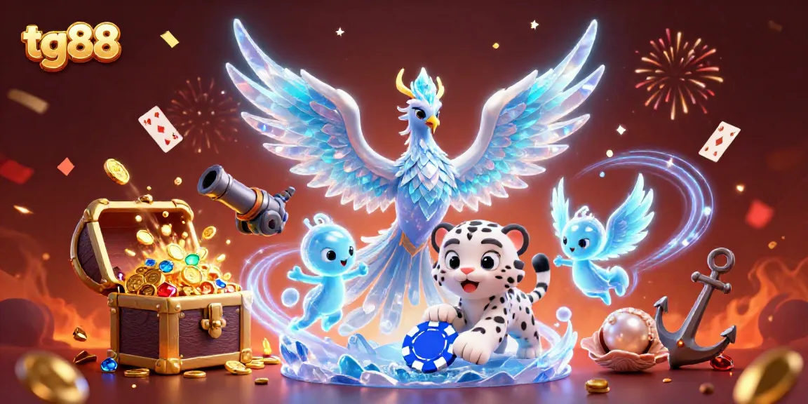Engage with tg88's vibrant casino scene featuring an ice phoenix, playful snow leopard cub, and sparkling gaming elements.