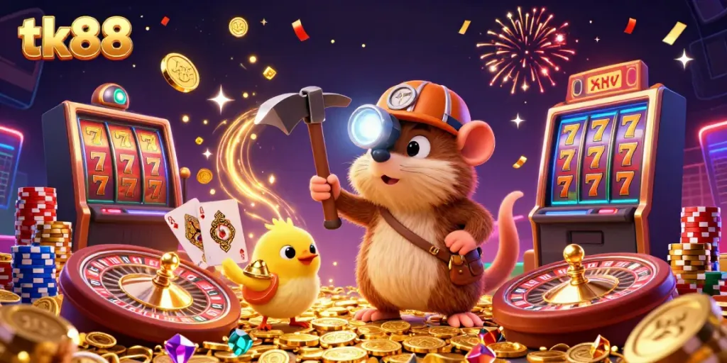 Spin the casino luck with tk88: vibrant illustration of a treasure hunter in a colorful gambling cave.