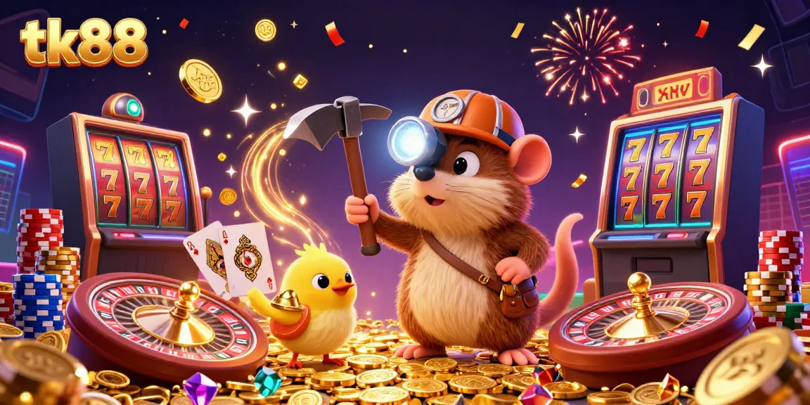 Spin the casino luck with tk88: vibrant illustration of a treasure hunter in a colorful gambling cave.