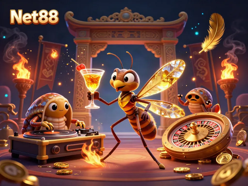 Experience thrilling gaming with Net88's vibrant casino scene featuring unique characters and dynamic elements.