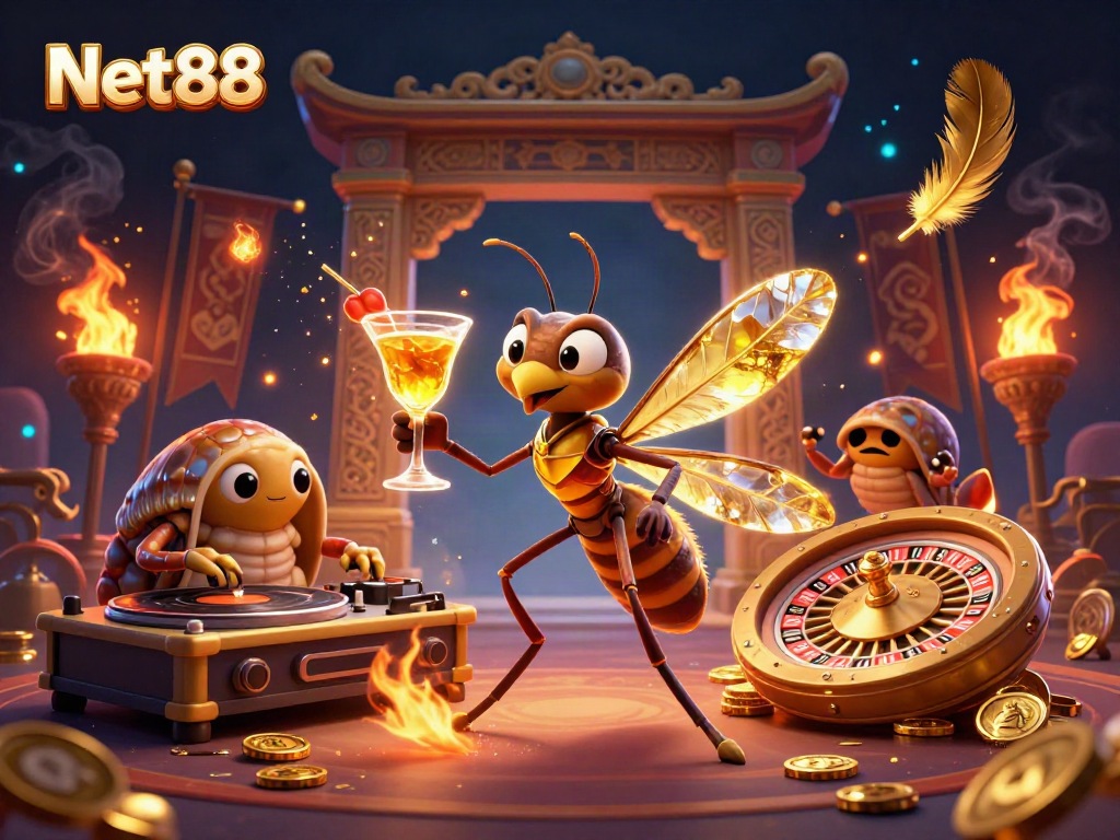 Experience thrilling gaming with Net88's vibrant casino scene featuring unique characters and dynamic elements.
