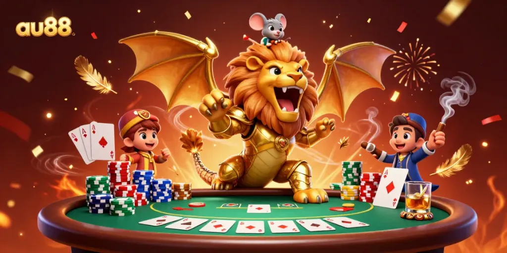 Experience the thrill of au88 with a golden chimera and dynamic casino elements.