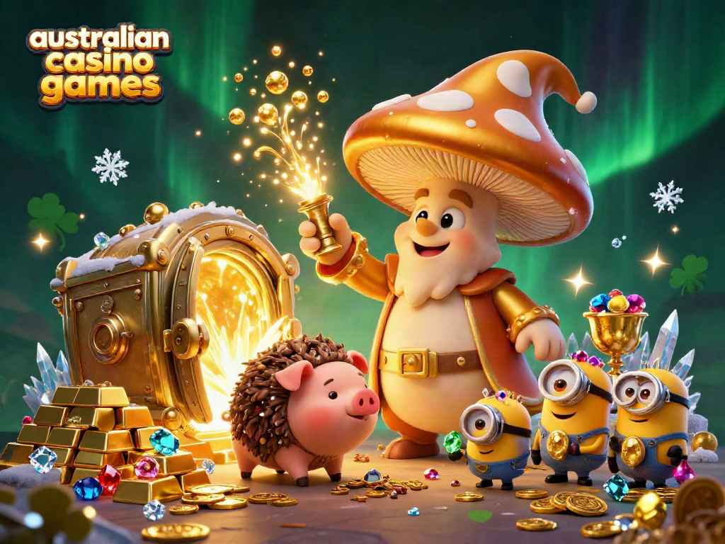Experience australian casino games with a golden mushroom wizard, truffle pig, and treasure in an enchanting setting.