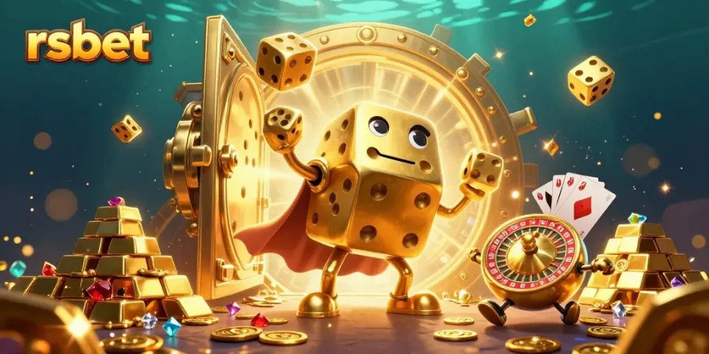 Experience thrilling gameplay with rsbet's animated casino characters amidst gold treasures and vibrant gaming elements.