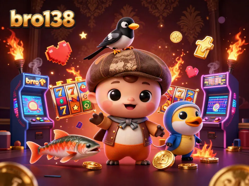 Spin the reels with bro138 in this vibrant 3D illustration showcasing luck and playful characters.