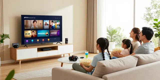 Family enjoying IPTV subscription USA in a cozy living room with smart TV and snacks.