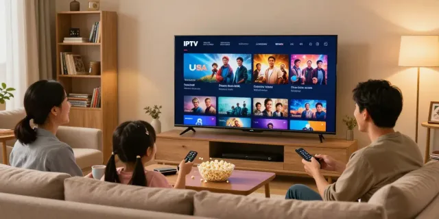 A family enjoying an IPTV subscription USA experience, streaming movies in a cozy living room.