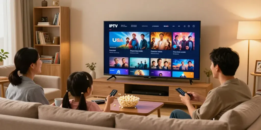 A family enjoying an IPTV subscription USA experience, streaming movies in a cozy living room.